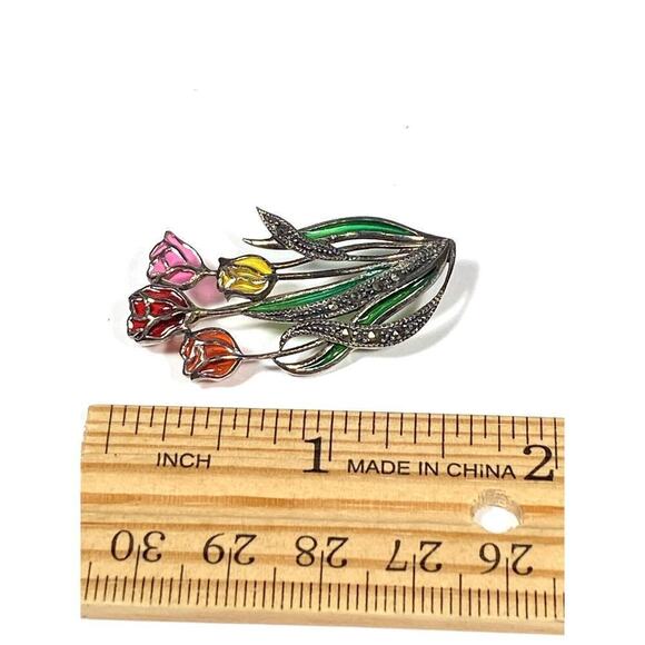 925 Sterling Silver Epoxy Tulips Marcasite Flowers Pin vintage - Picture 3 of 8